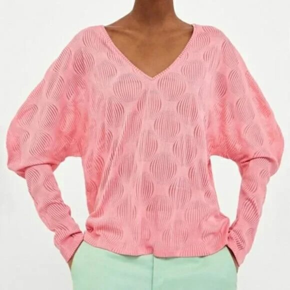 Zara Dolman Balloon Sleeve Textured V Neck Top Pink Boho Soft Girl Fem Coastal - Picture 1 of 7